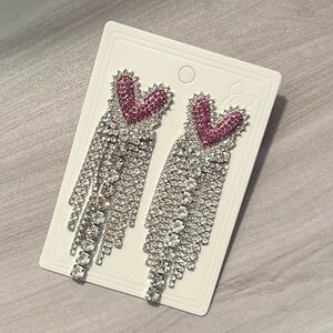 Pink Heart Jeweled Fringe Earrings 🩷